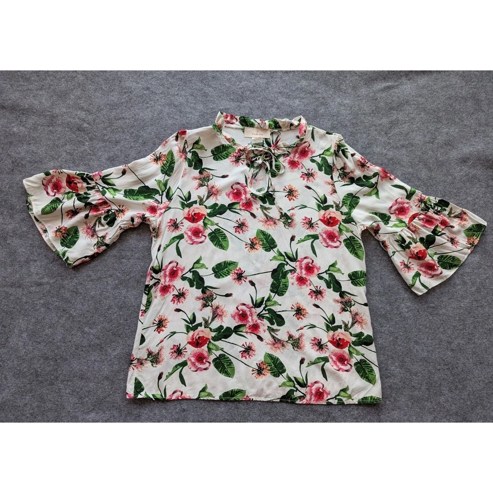 Fabios Blouse Top Sz M  Rayon Floral Tie Closure 3/4 Bell  Sleeves